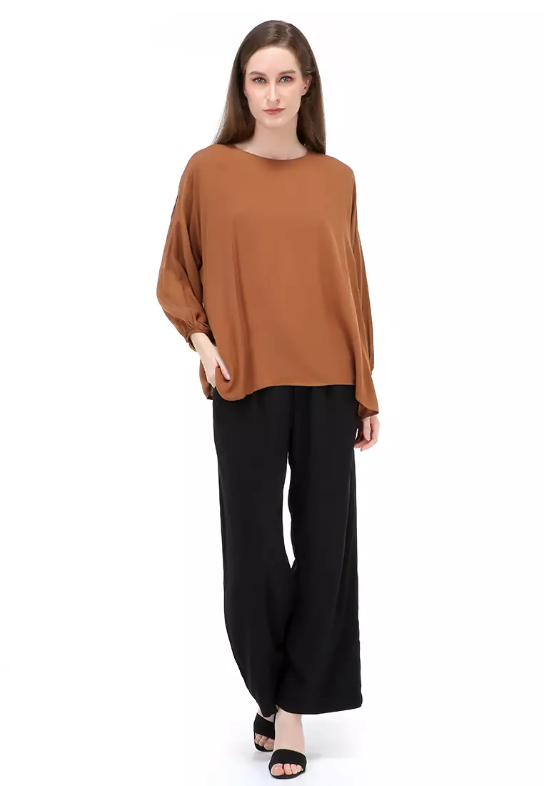 Jennifer Blouse Long Sleeves Wanita Motif Polos Atasan Casual - Caramel
