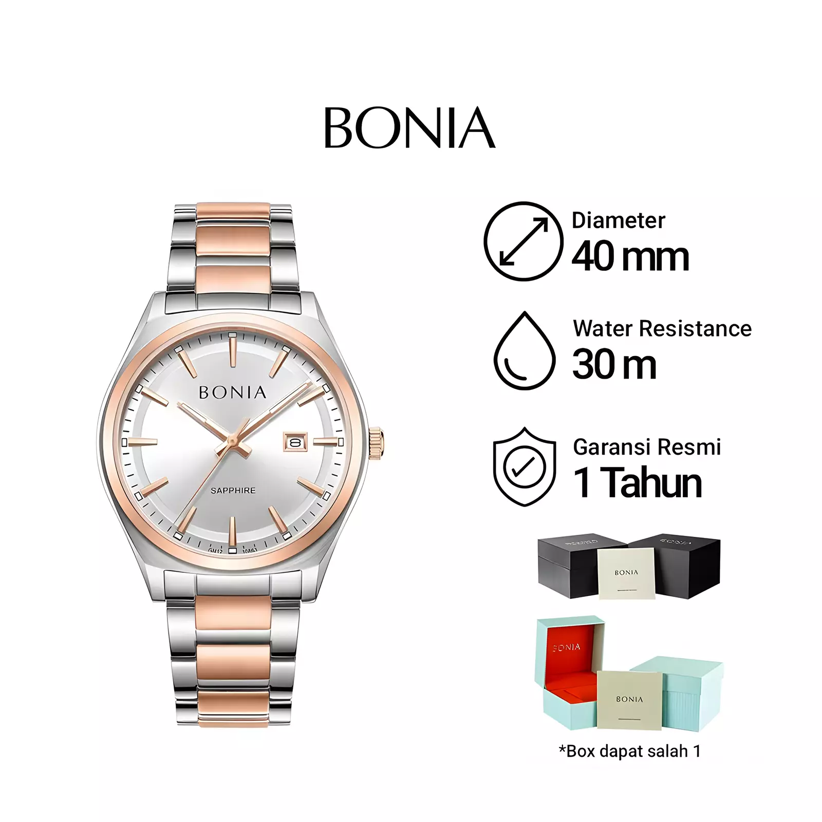 Bonia Sapphire Glass - Jam Tangan Analog Pria - Silver Rose Gold - Stainless Steel - B10863-1612