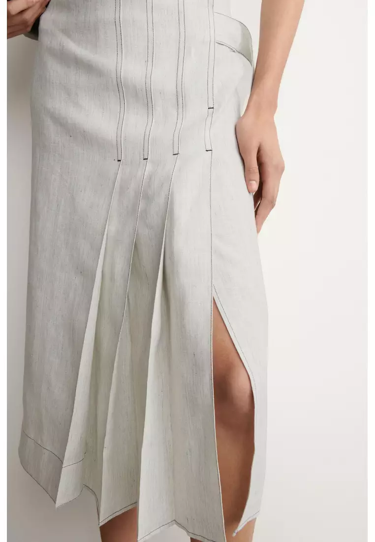 BELTED PLEATED LINEN MIDI SKIRT