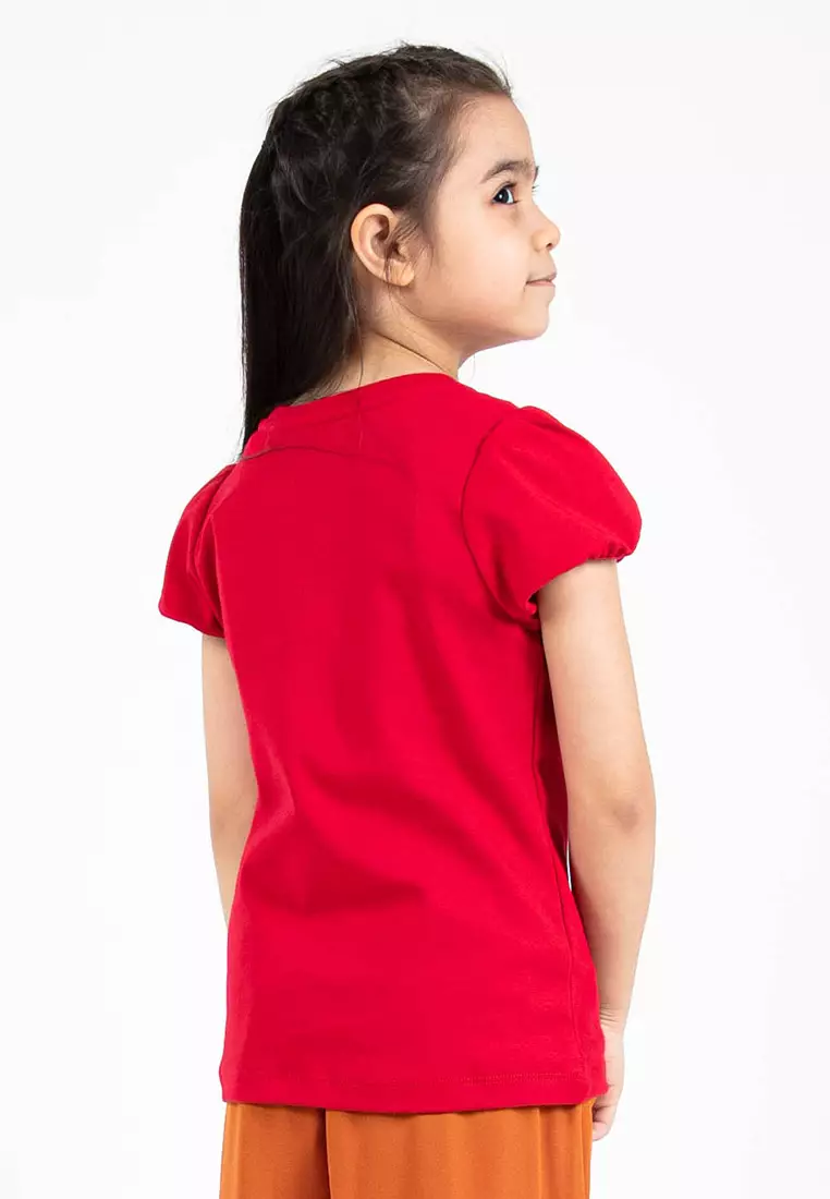 Forest Kids Girls Cotton Interlock Short Sleeve Graphic Round Neck T-Shirt | Baju Budak Perempuan - FK820059-51Red