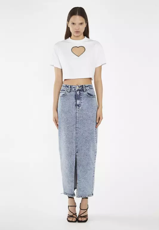 Blue Acid Wash Center Split Denim Midi Skirt