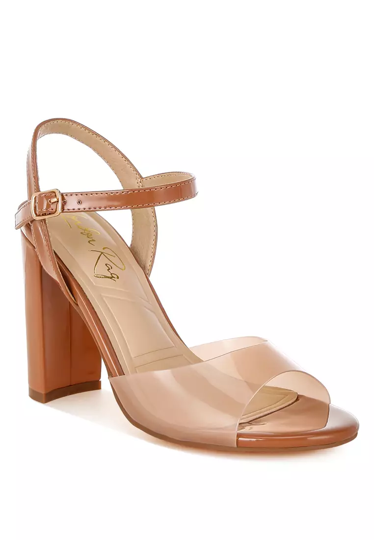 Sandal Hak Blok Tali Bening Berwarna Coklat Muda