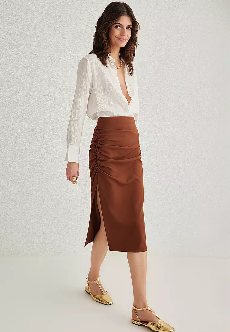 Dark Brown Pleated Slit Detail Pencil Fit Midi Woven Skirt
