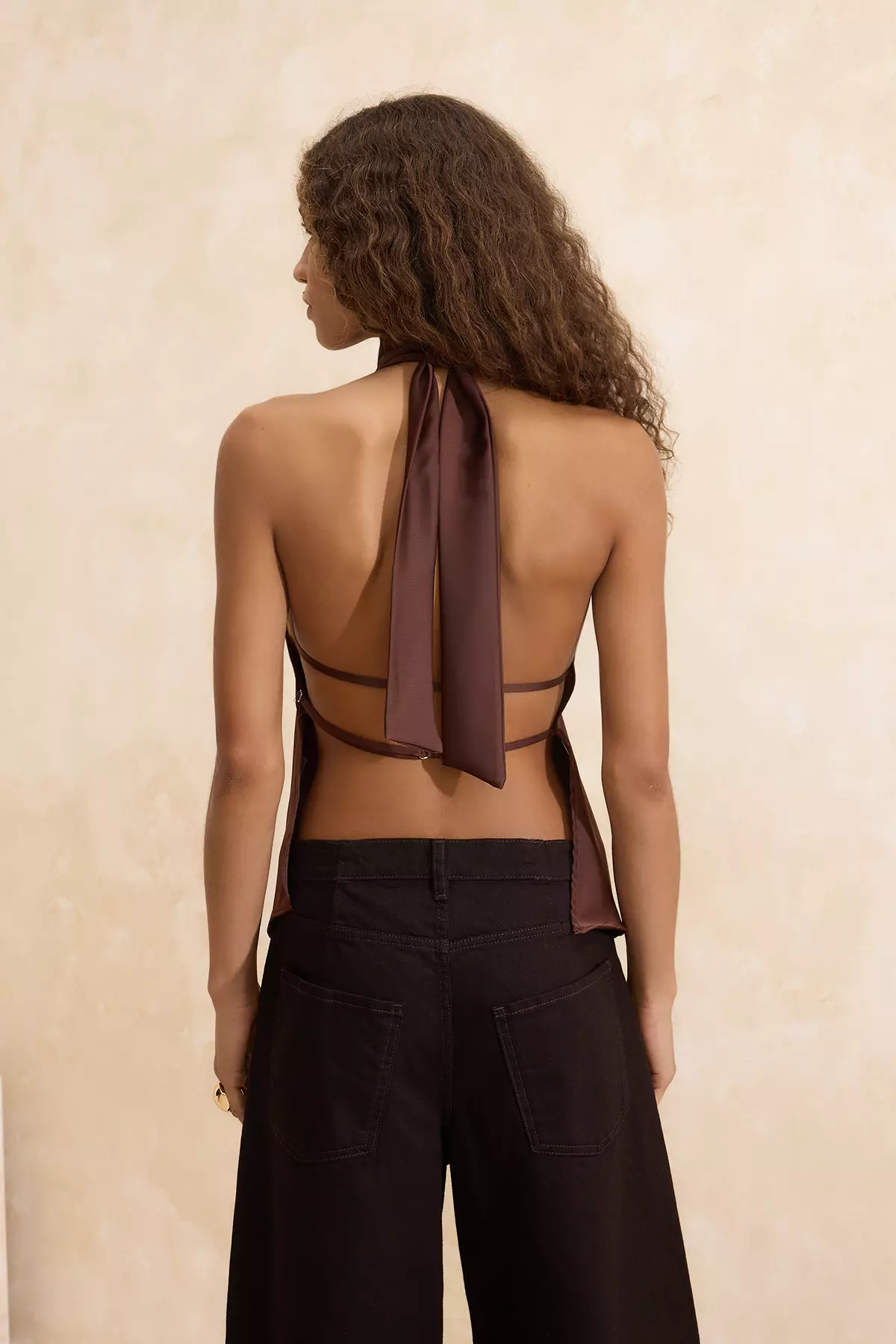 Brown Asymmetric Cut Halter Neck Satin Blouse Tprss26Bz19