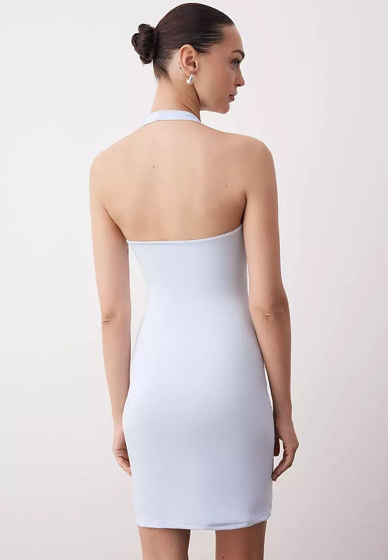 Blue Halter Neck Stretchy Mini Knit Dress