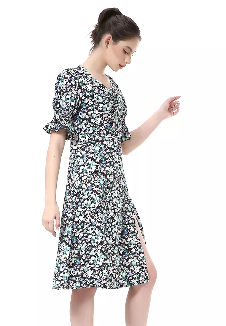 Rachel Long Dress Wanita Model Belah Samping Flower Motive Short Sleeve Material Cotton ORIGINAL - Multicolor