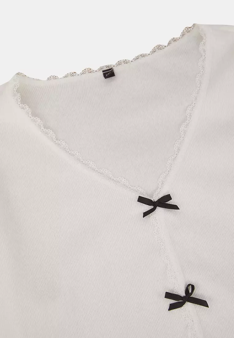 Ecru White Cotton Lace And Ribbon/Bow Detailed Ribbed Knitted Pajama Set Tbbaw26Ai00021