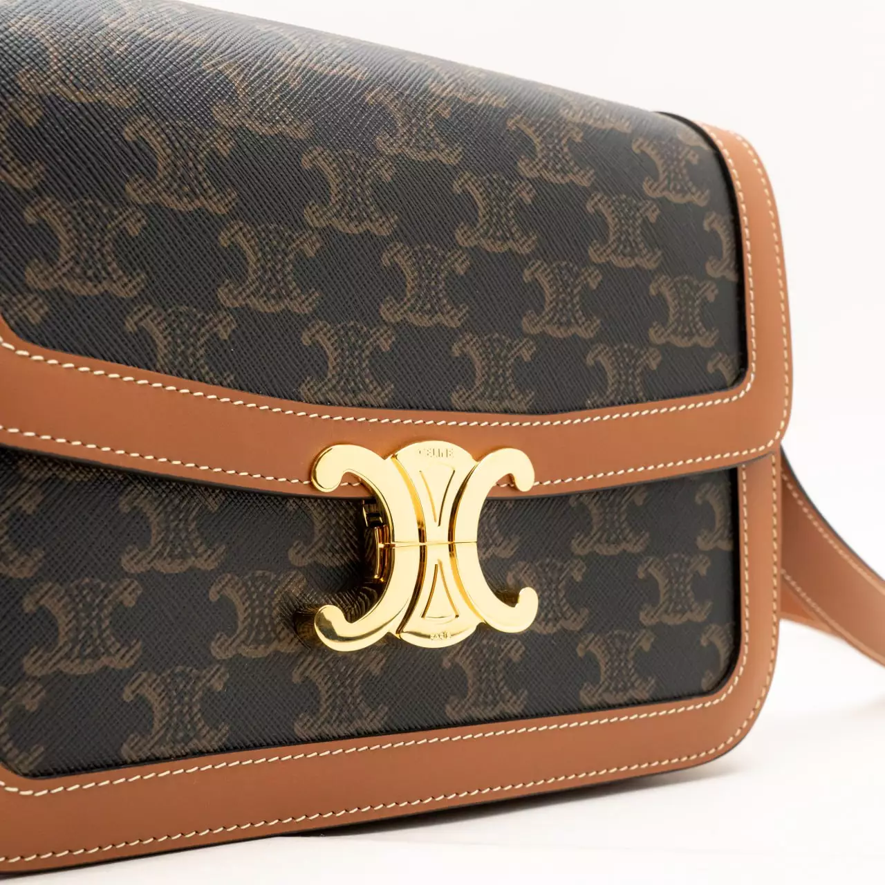 Triomphe Canvas and Calfskin Crossbody Bag Tan