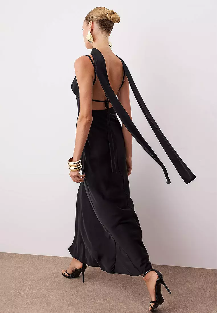 Shawl Detailed Satin Maxi Evening Dress