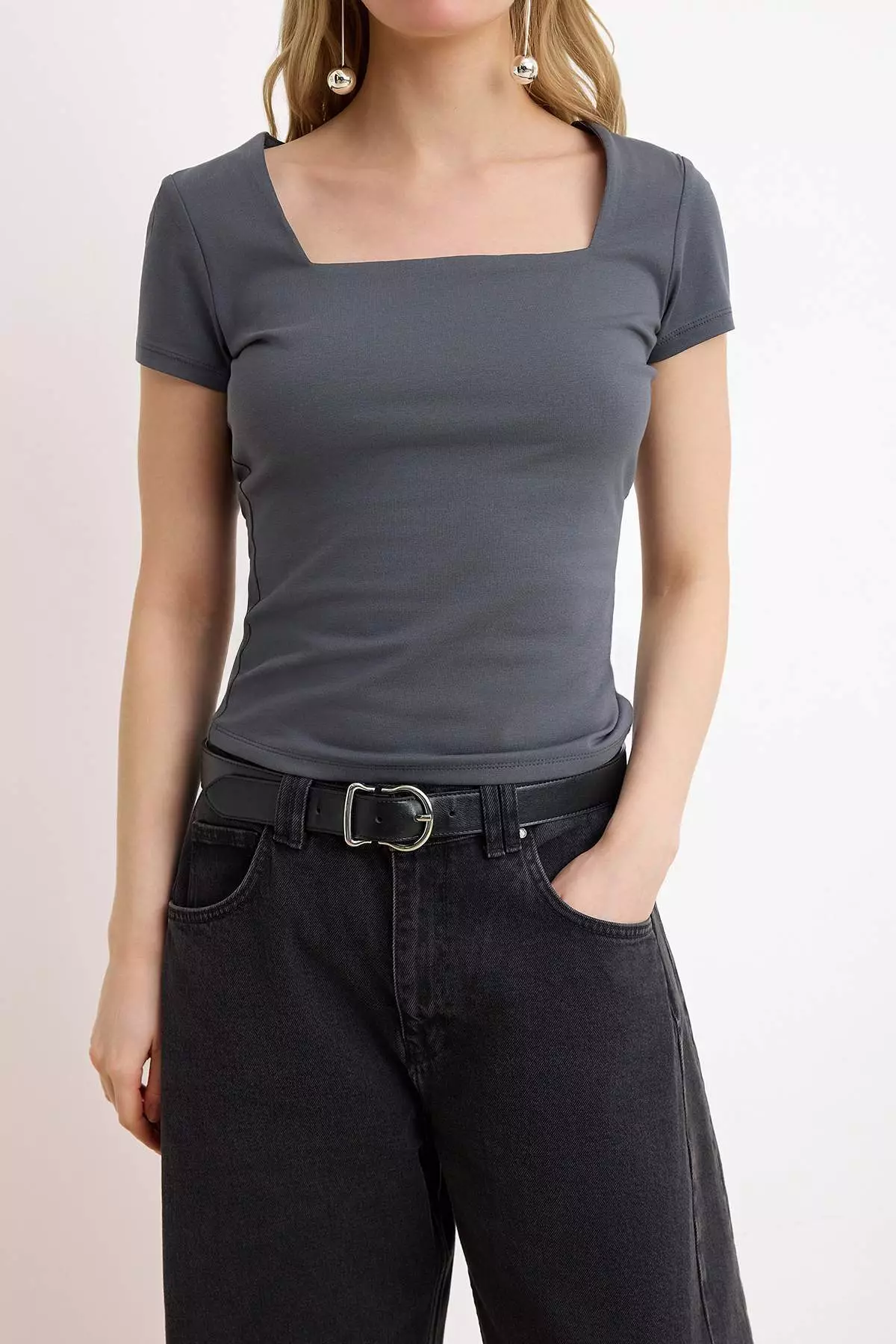 Anthracite Square Neck Fitted/Bodycon Knitted Blouse Twoss25Bz378