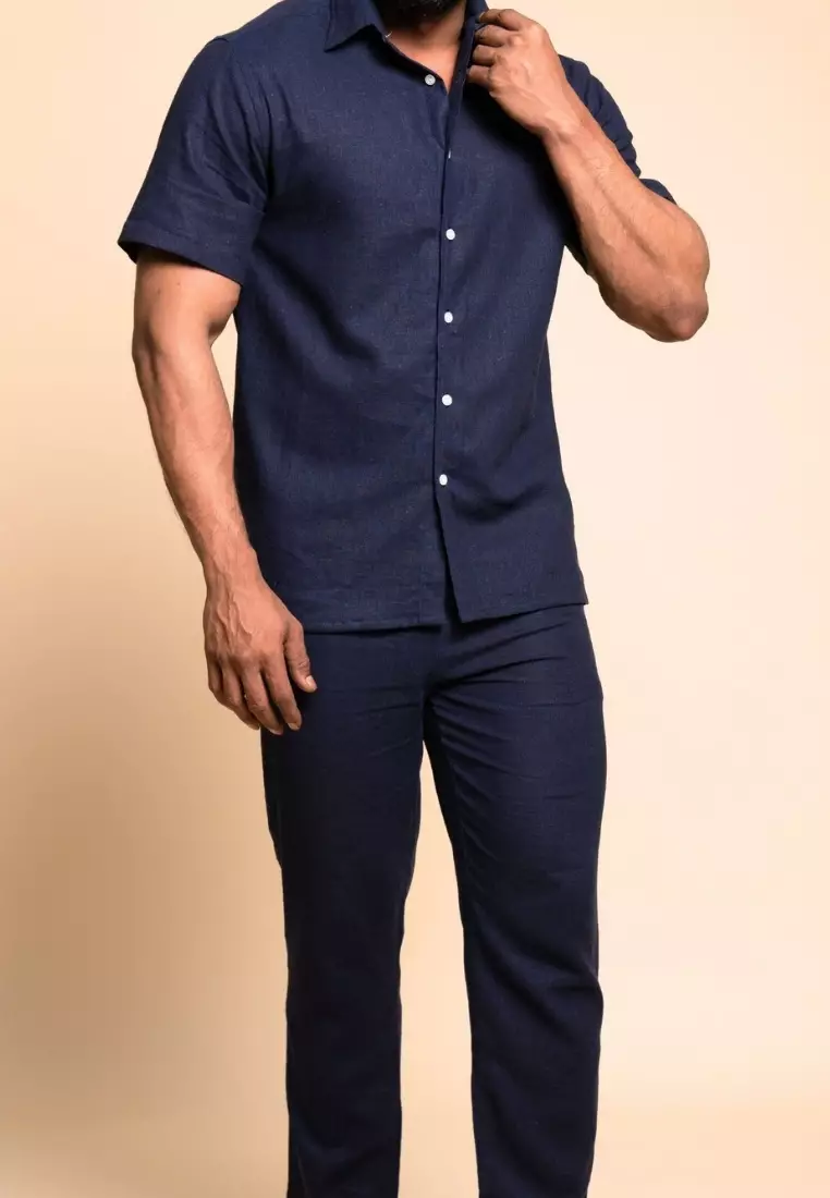 Durban Set Kemeja Celana Linen Pria Navy | Linen Set Men Navy
