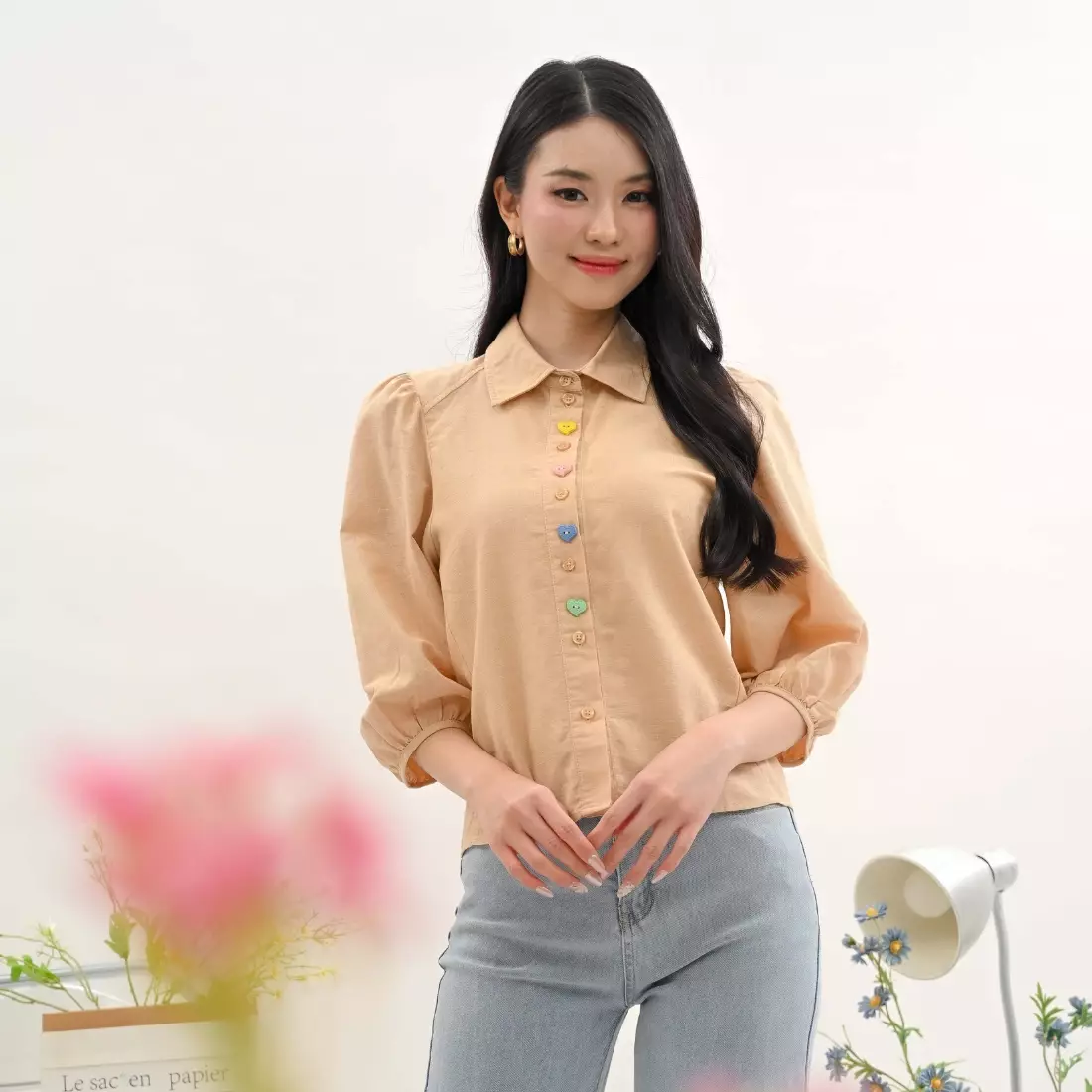Rainbow Heart Button Puff Sleeve Shirt in Cream