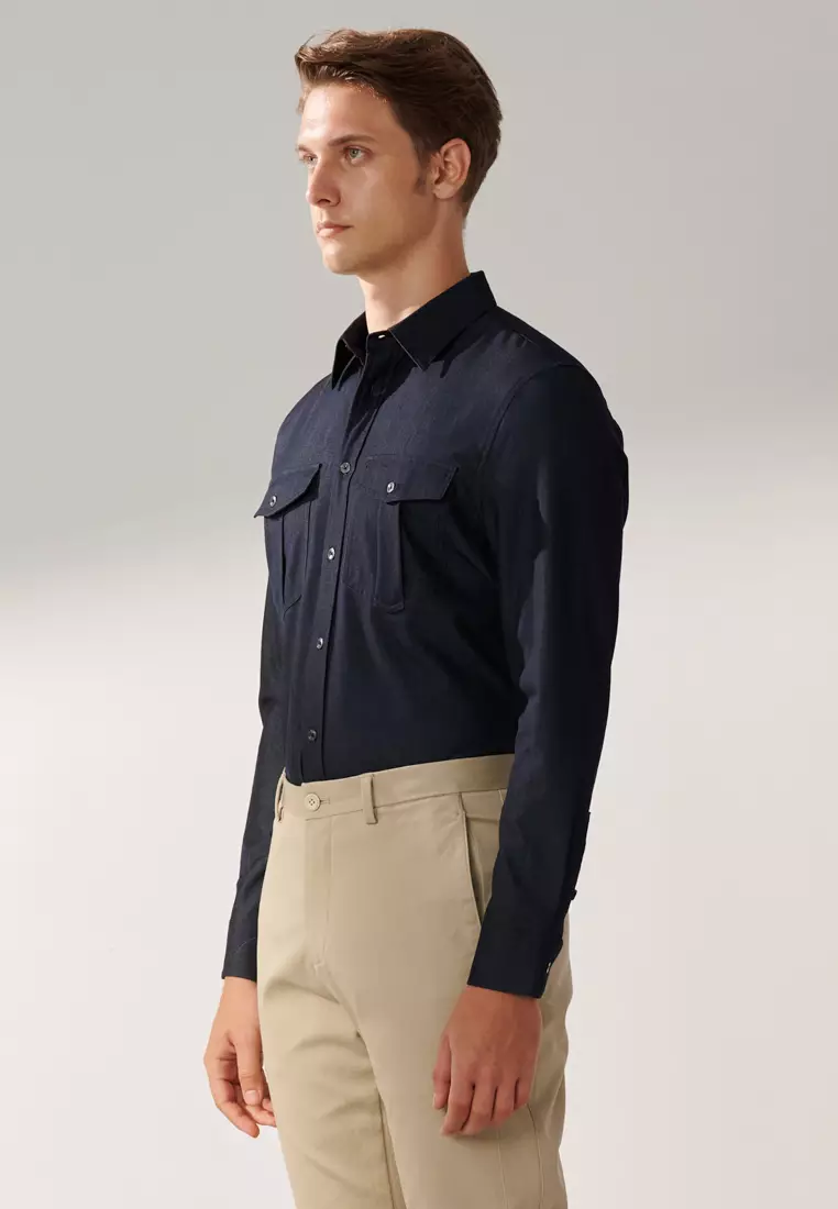 Midight Blue Double Pockets Casual Denim Shirt