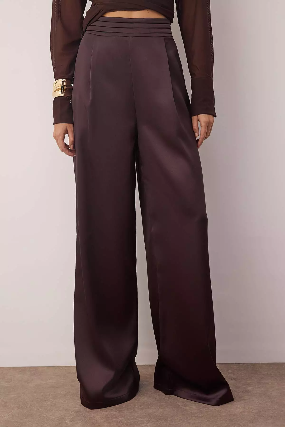 Brown Plain Woven Satin Dressy/Evening Trousers Tprss23Pl00001