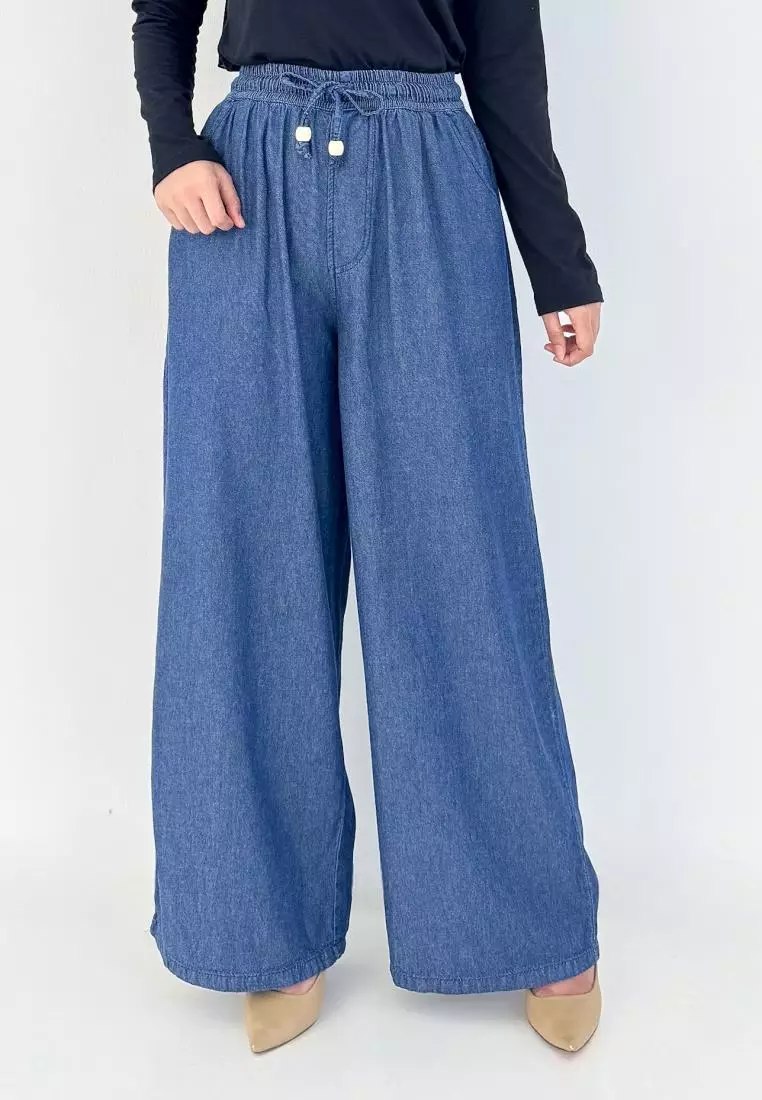 LEZAHRASIGNATURE Palazzo Emily - Celana Panjang Kulot Denim Wanita - Biru Tua
