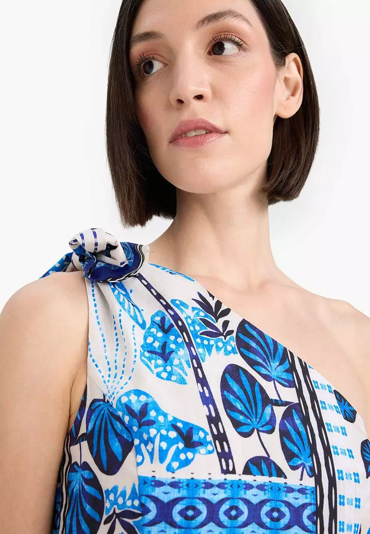 Tropical Print One Shoulder Poplin Dress