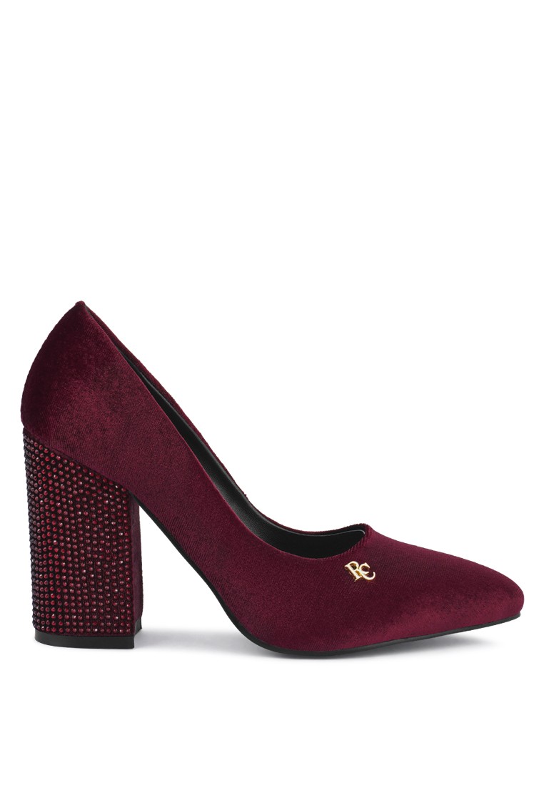 Burgundy Diamante Block Heeled Pumps