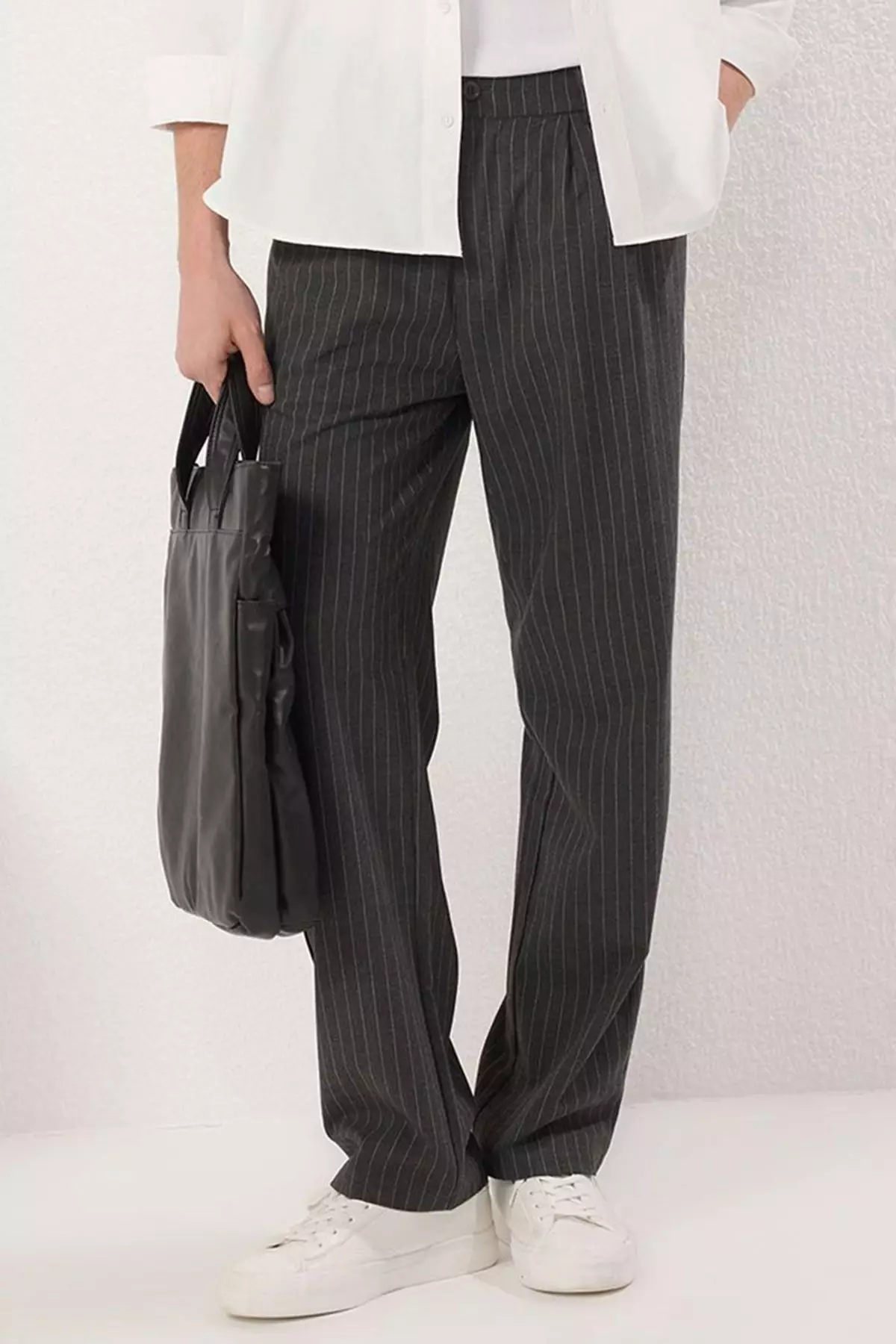 Anthracite Striped Pleated Classic Baggy Fit Fabric Trousers TMNSS24PL00024