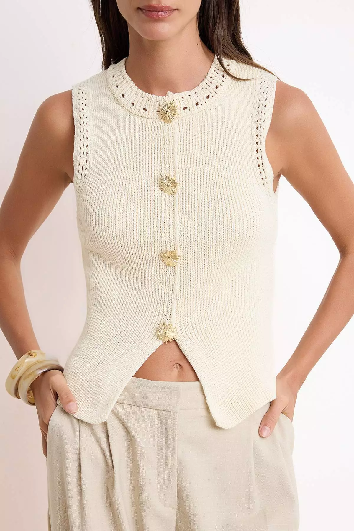 Stone Gemstone Button Detailed Blouse Twoss26Bz00329
