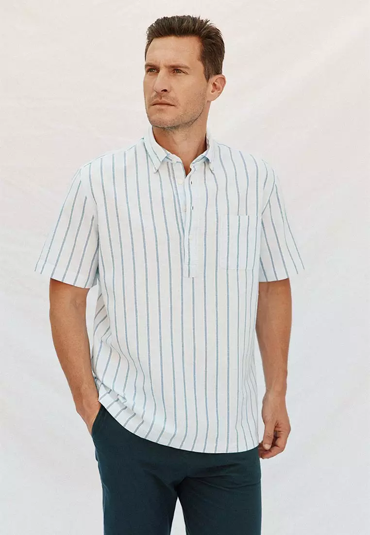 Striped Cotton Linen Short Sleeve Shirt