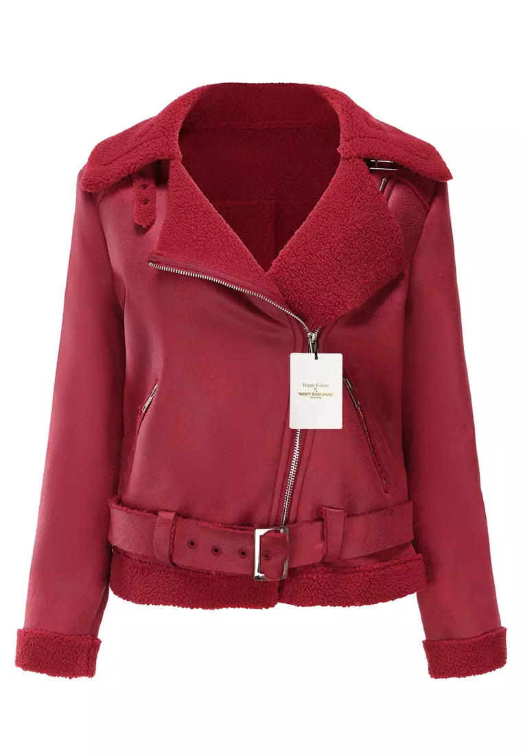 Red leather jacket best sale with fur collar