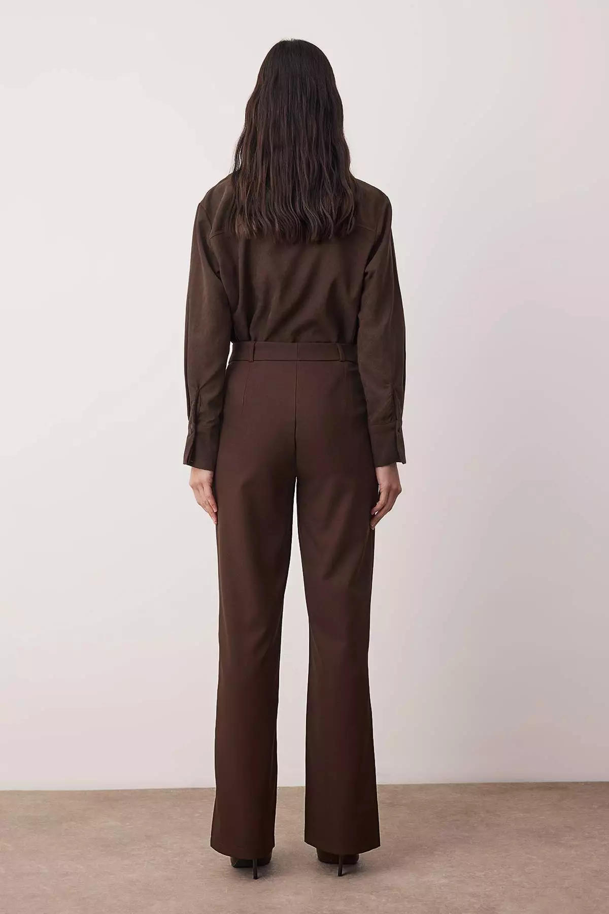 Dark Brown Straight/Straight Cut High Waist Ribbed Stitching Woven Trousers Twoss21Pl93