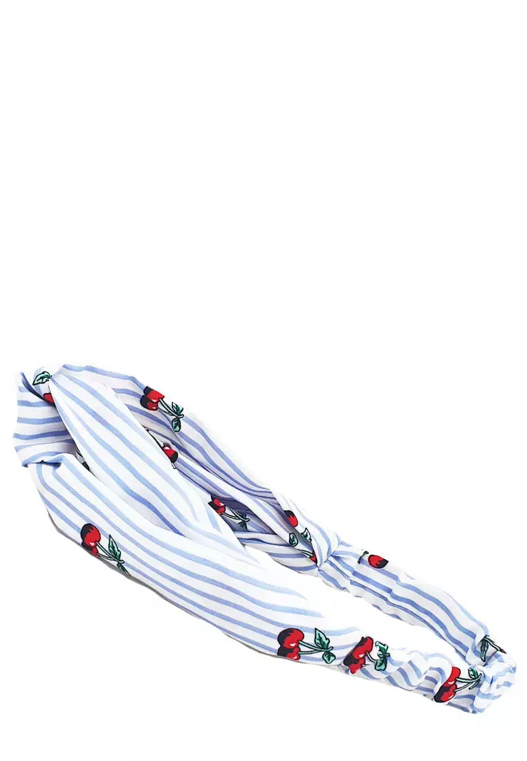 Twisted Headband Striped Cherries  Blue