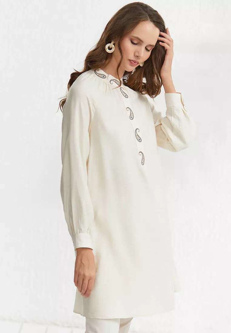 KAYRA Ethnic Patterned Judge Collar Tunic Ecru 2025 | Buy KAYRA Online ...