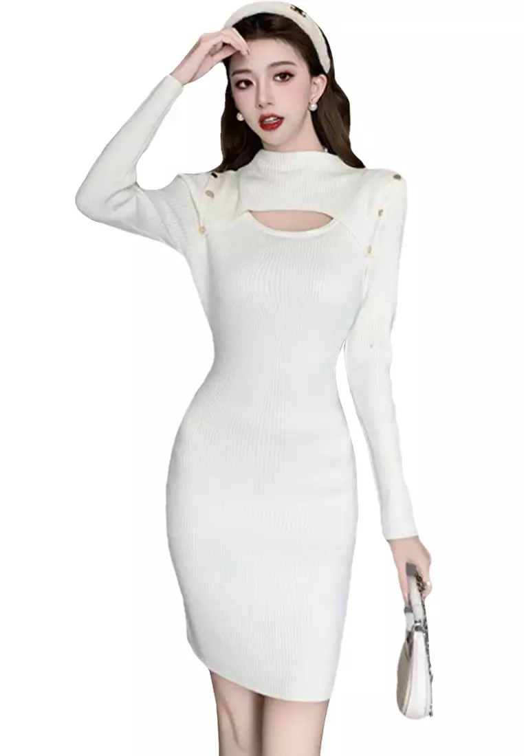 White turtleneck bodycon dress cheap