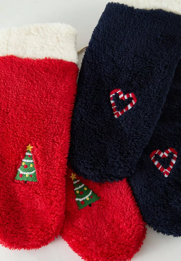 Red-Navy 2-Pack New Year Themed Embroidered Terry Knitted Socks THMAW25CO00003