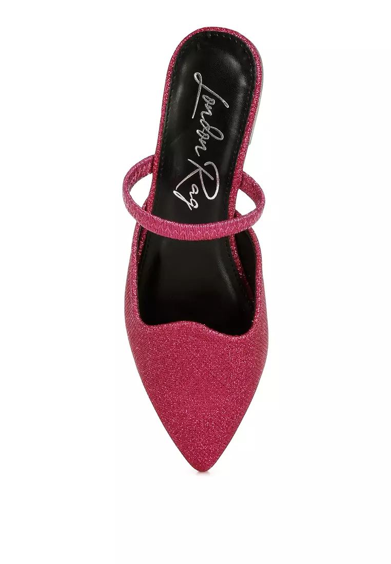Glitter Faux Leather Flat Mules in Fuchsia