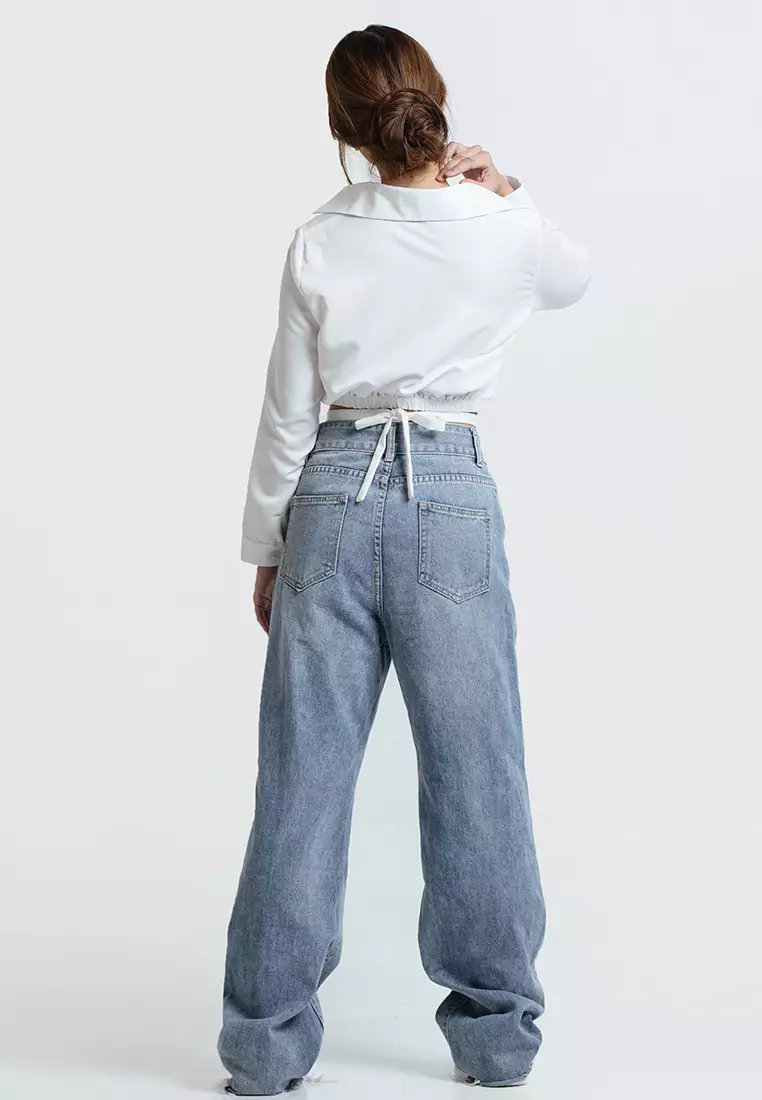 Crop Waist Tie Shirt in White