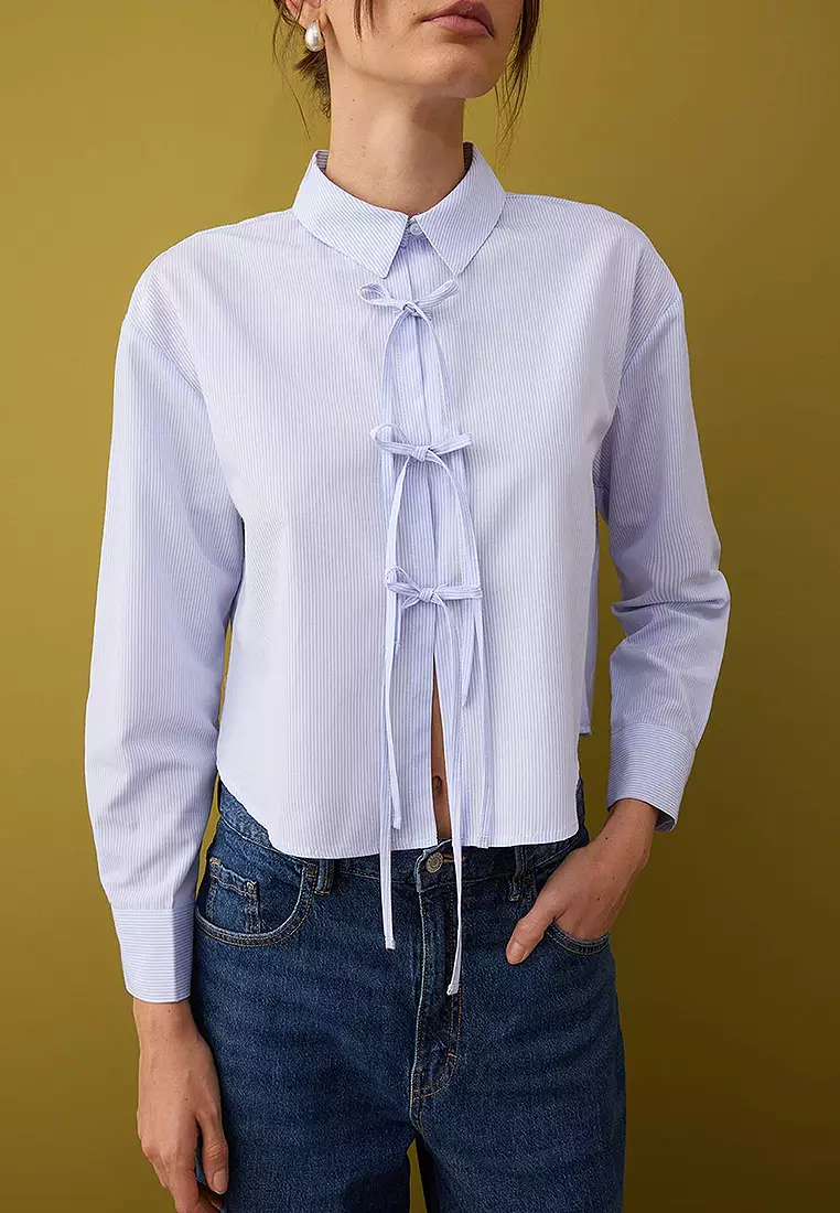 Striped Front Lace Boxy Shirt