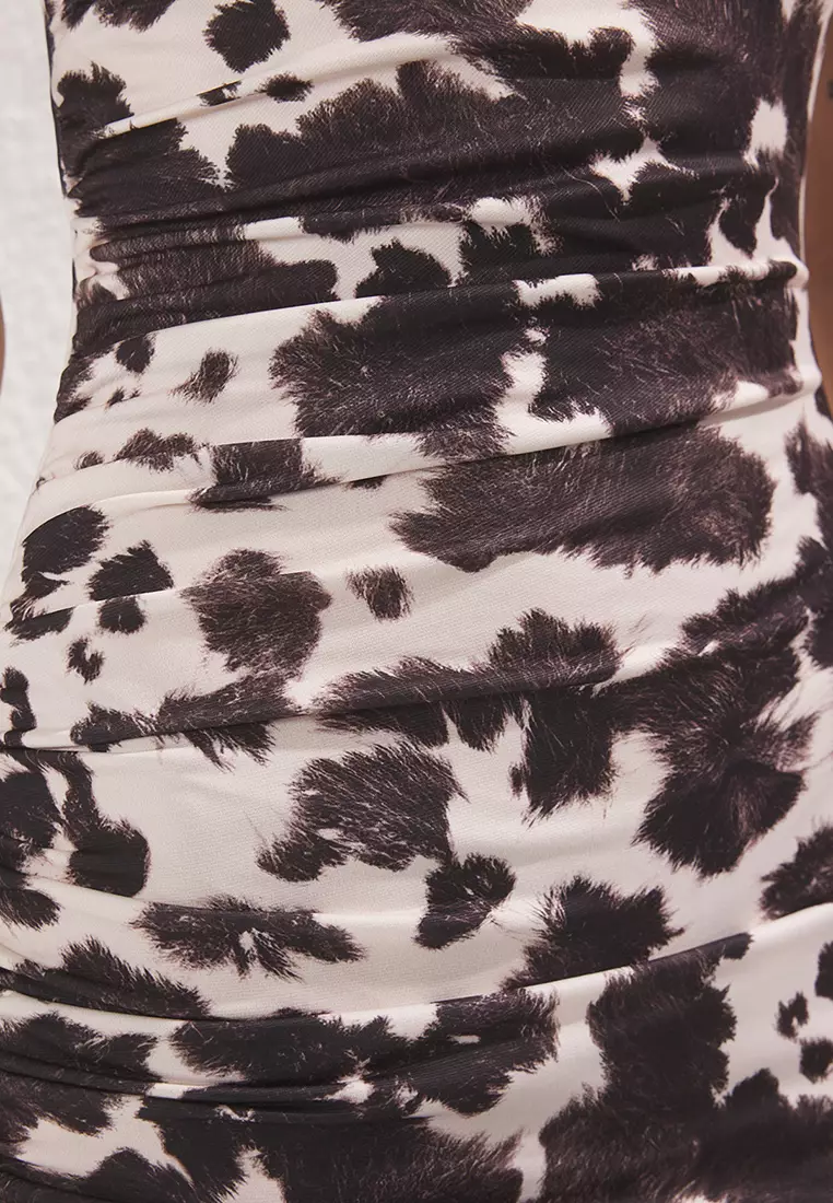 Dark Brown Cow Printed Maxi Sleveless Draped Bodycon Stretch Knit Dress