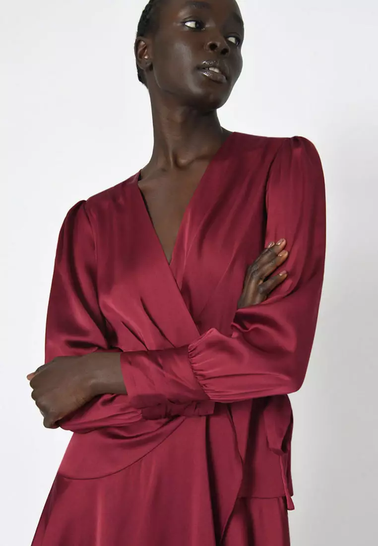 Red satin long sleeve wrap dress sale