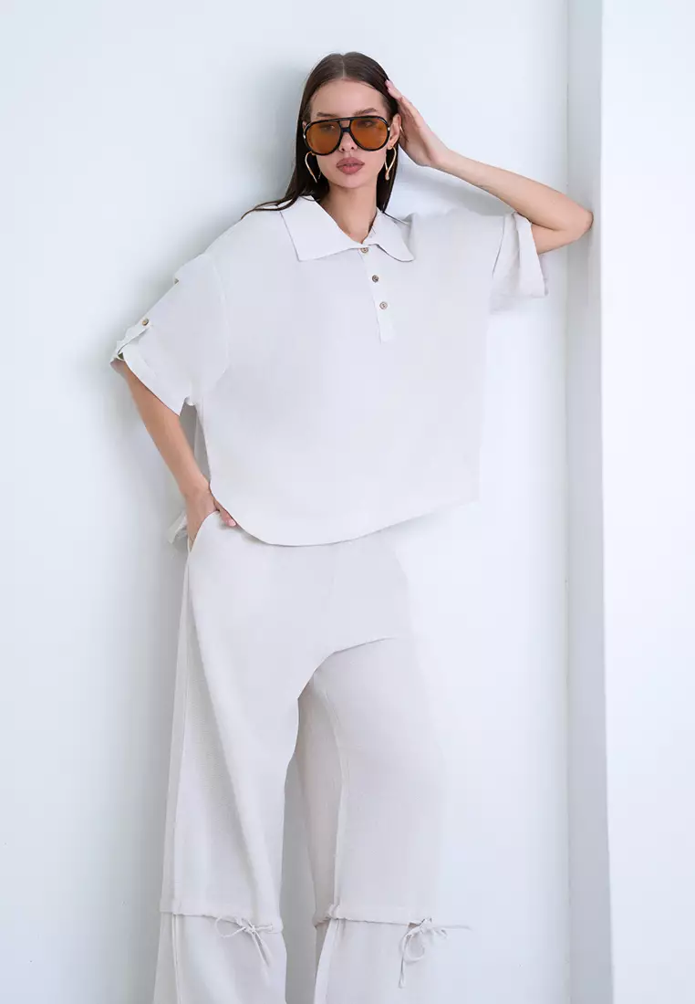 Polo Collar Wide Cut Linen Blouse with Folded Cuffs