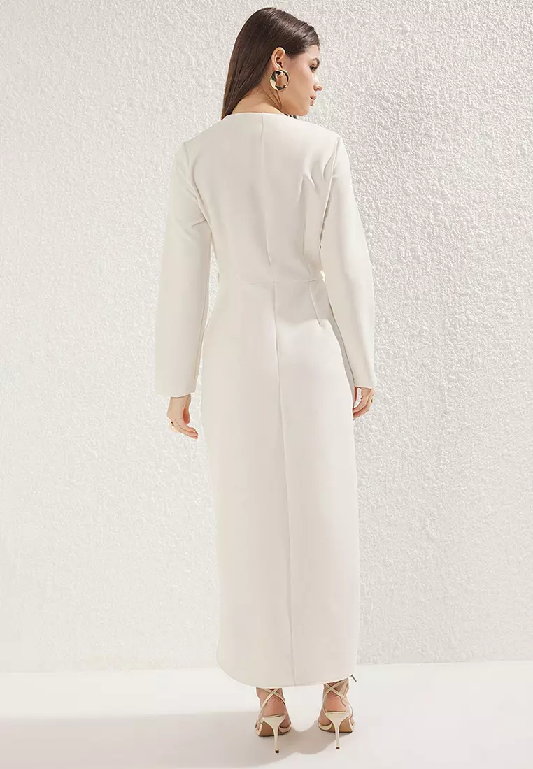 Beige Buttoned Woven Fabric Dress TCTSS25EB00027