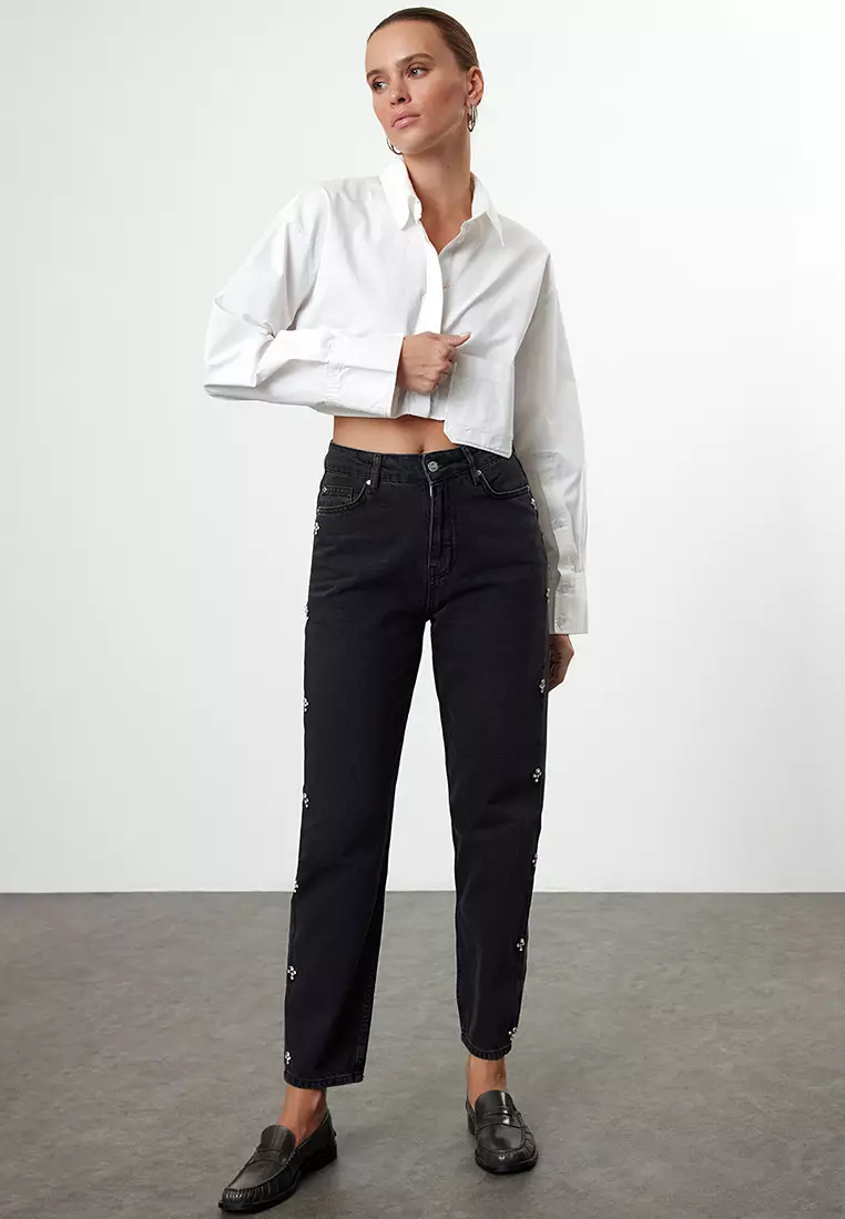 High Waist Mom Jeans with Rhinestones