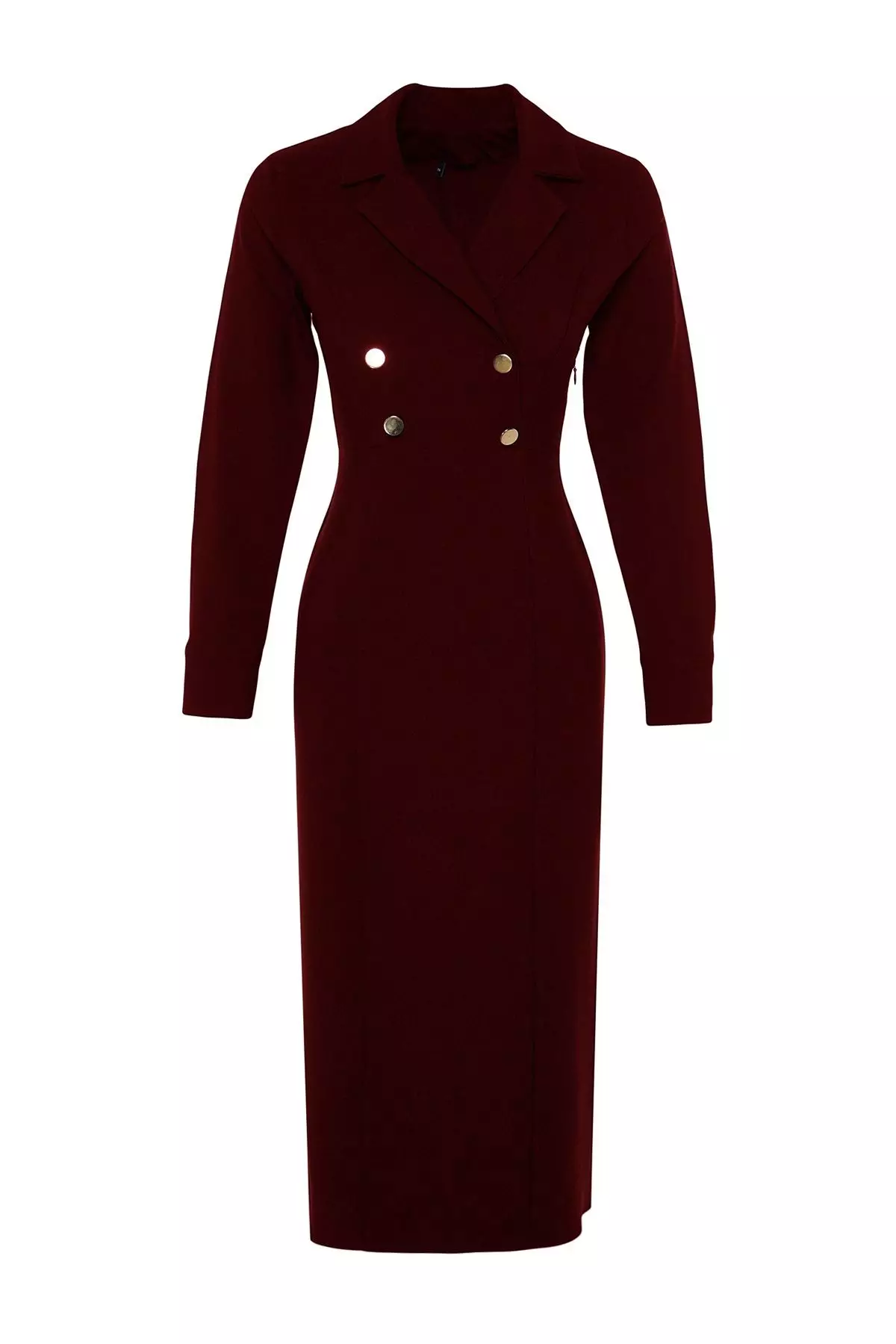 Burgundy Double Breasted Collar With Gold Button Detail Woven Dress Tctss24Eb00020