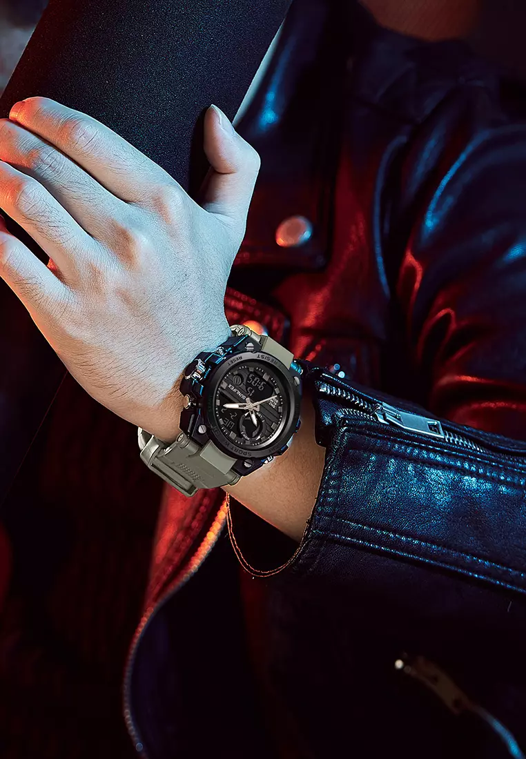 Jam Tangan Pria Analog&Digital Tali Silicone Original Luminous Display Anti Air Jam Tangan Cowok KHAKIBLACK