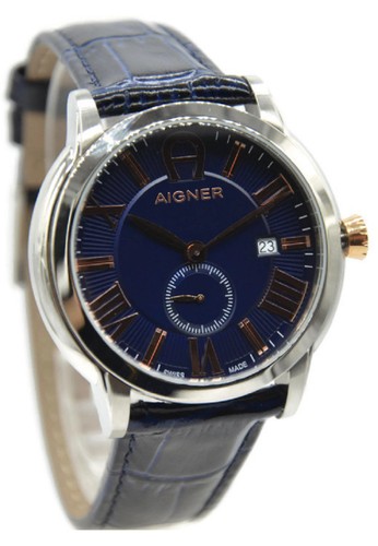 Aigner A24041D Portici Jam Tangan Pria Leather Strap Navy Ring Silver