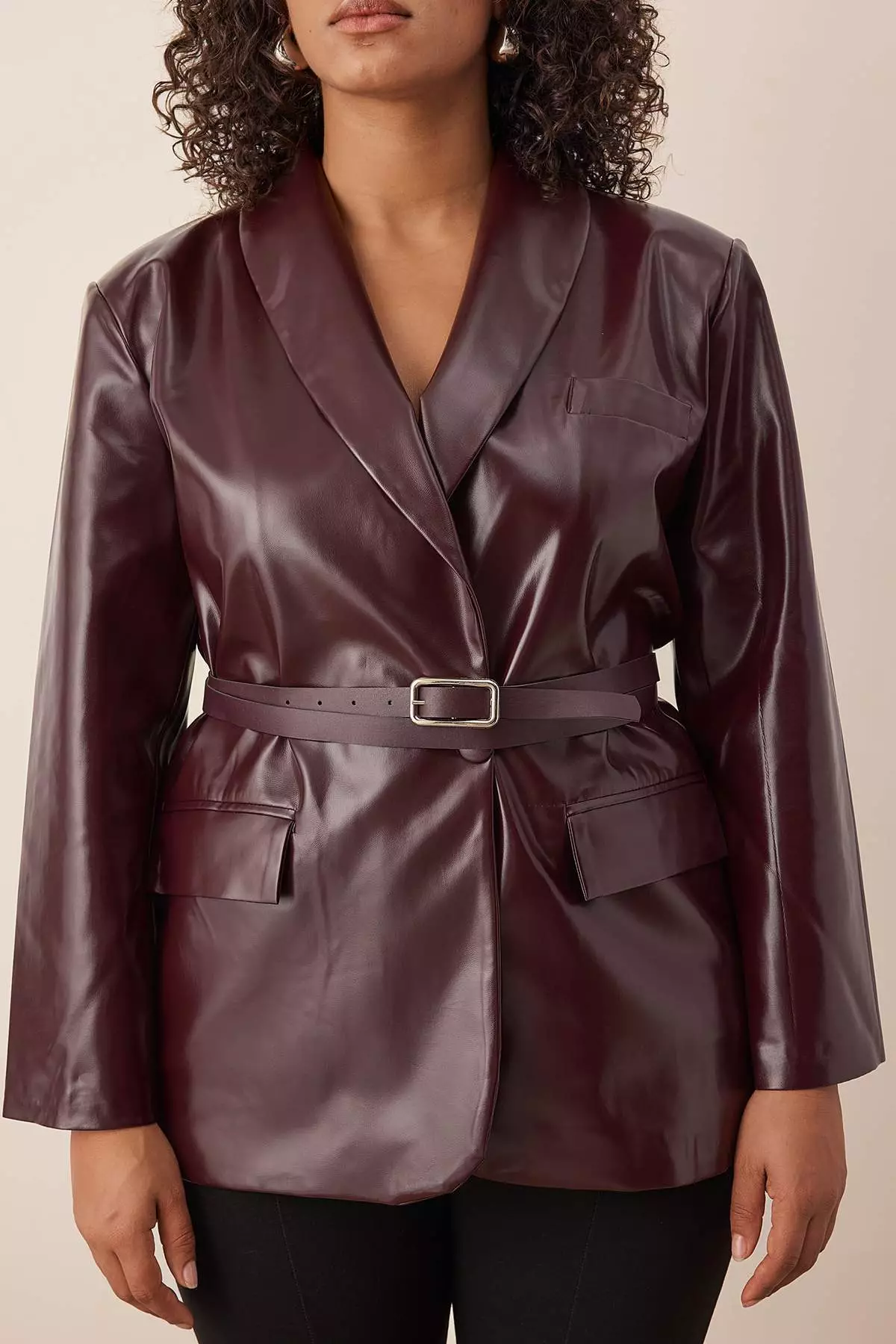 Burgundy Belted Double Breasted Closure Faux Leather Blazer Jacket Tbbaw26Ag00041