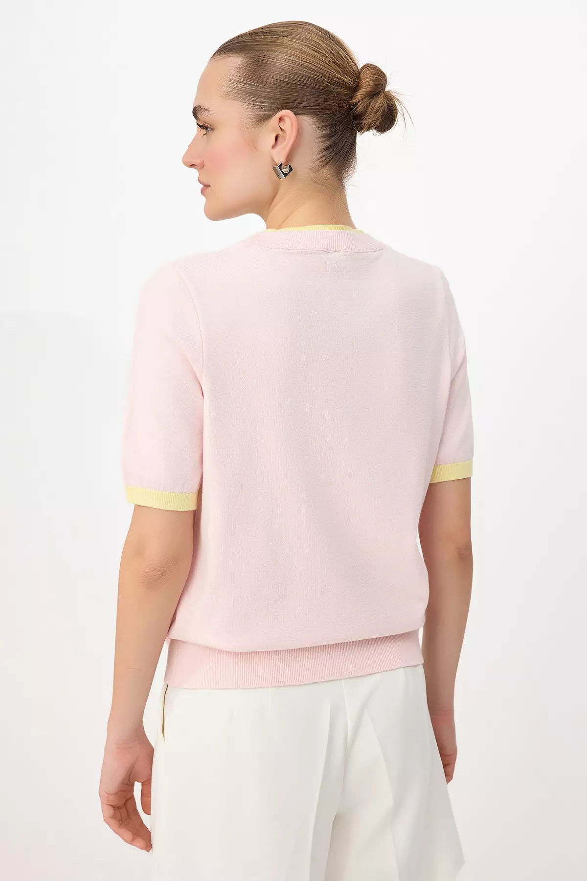 Wardrobe Essentials Pink Color Block Crew Neck Knitwear Blouse Twoss26Bz133