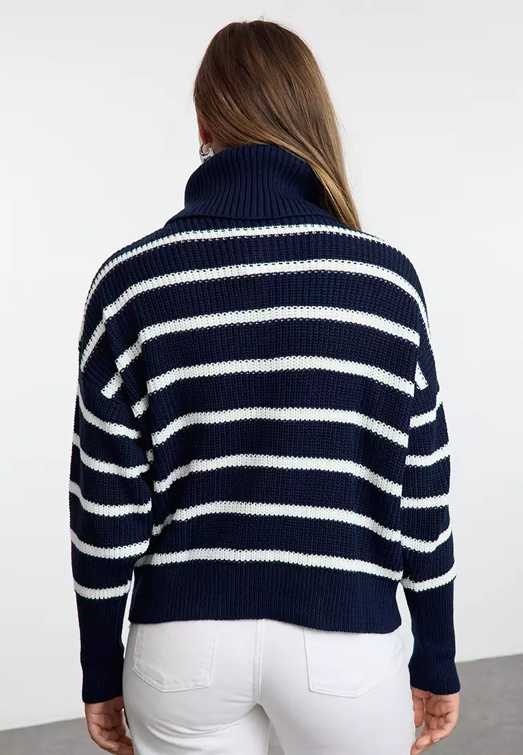 Navy Blue*001 Striped Wide Pattern Turn-Down Collar Zippered Knitwear Cardigan