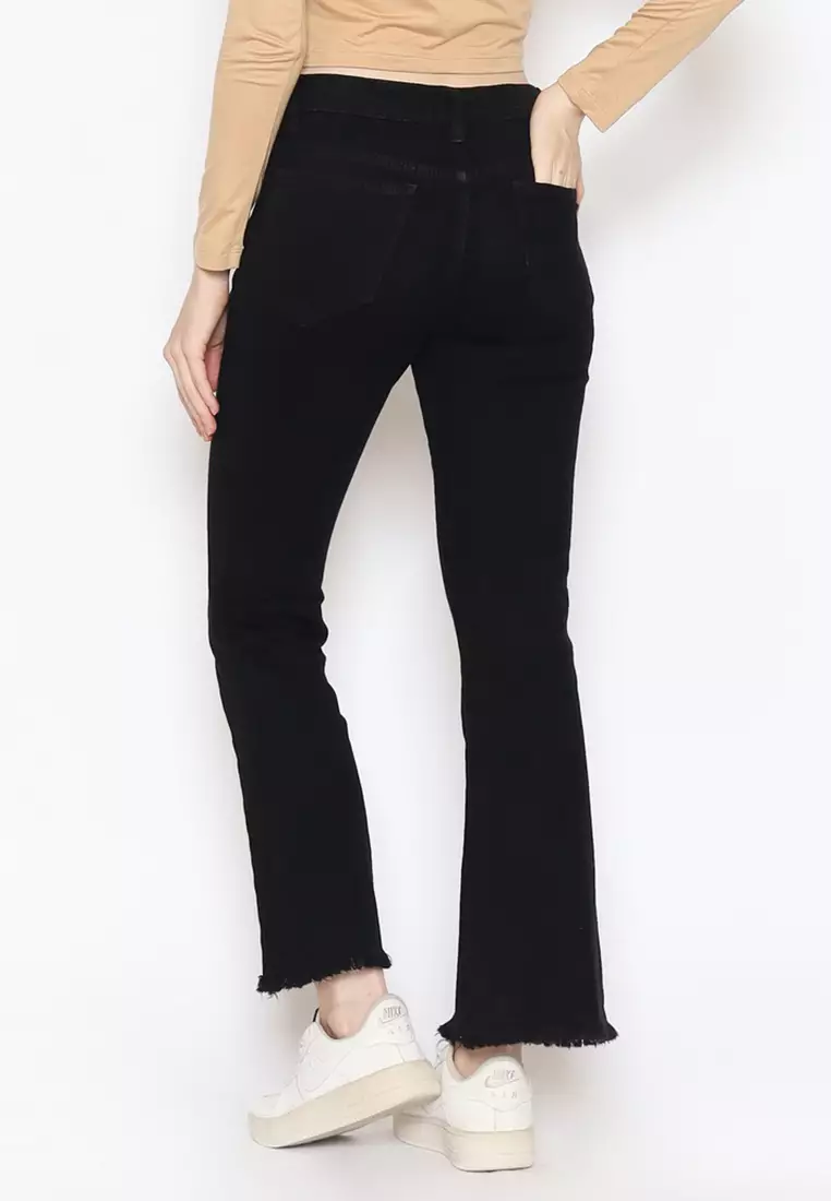 Fitwear Studio - Jeans Cutbray Jihan Highwaist Stek - BLACK PLAIN