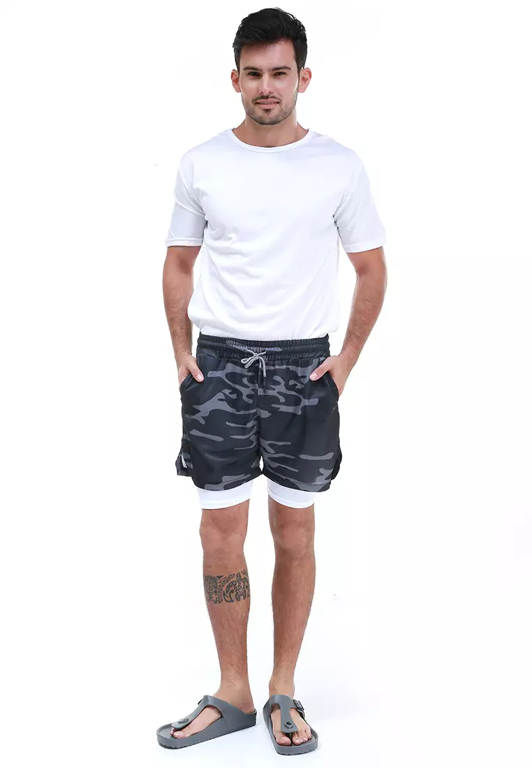 Rishham Celana Pendek Olahraga Gym Pria Double Layer With Towel Holder Material Polyester + Cotton ORIGINAL - Gray