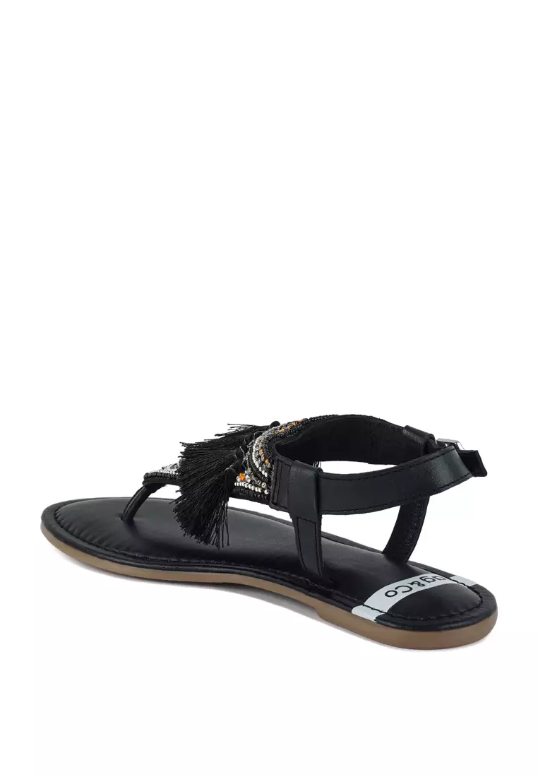 Genuine Leather Tassel Sandals in Black