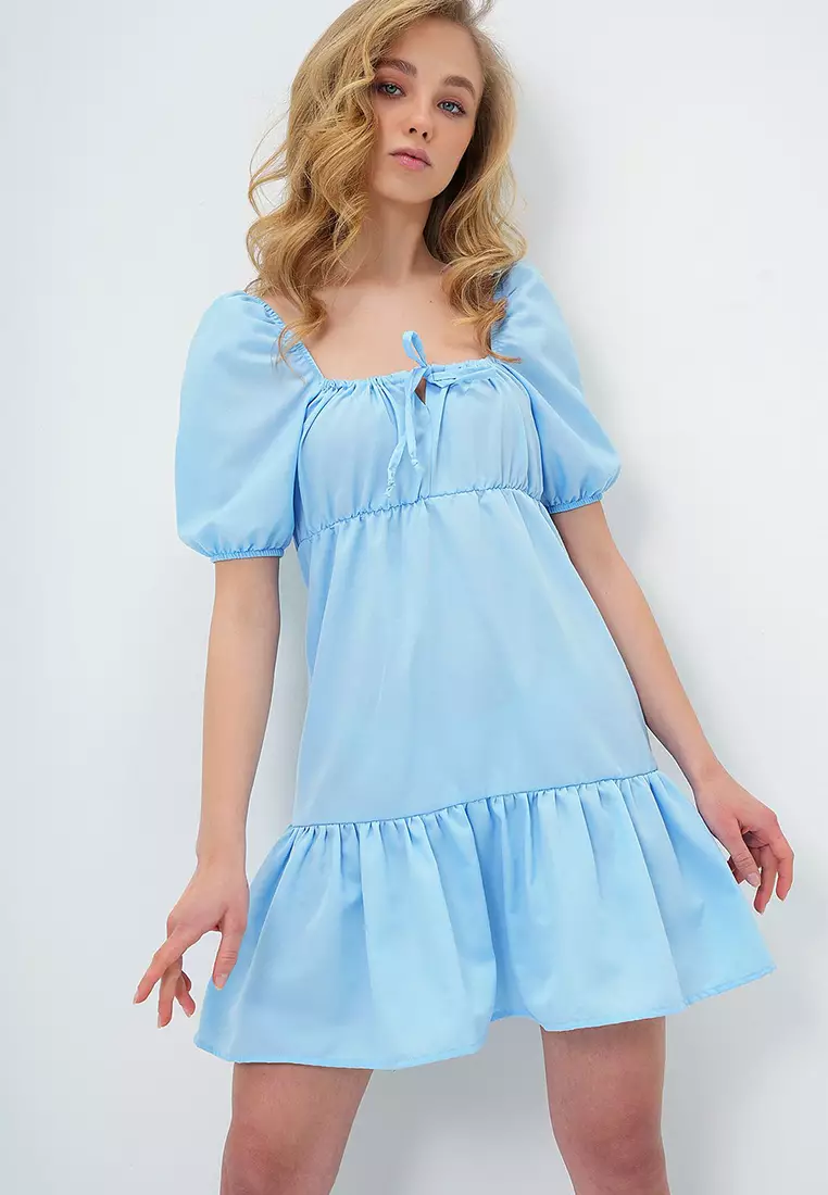 Women's Baby Blue Square Neck Balloon Sleeve Poplin Mini Dress Alc-X13594