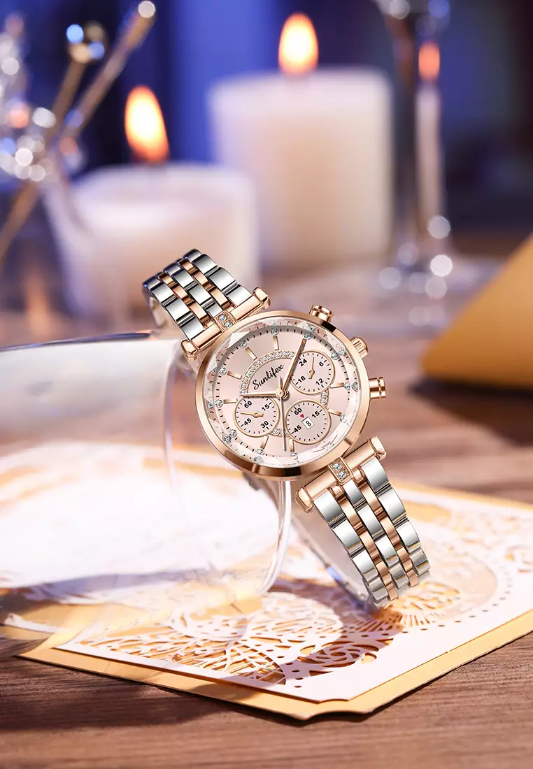 Jam Tangan Wanita Original B005 Kalendar Anti Air Berlian Kuarsa Tali Stainless Steel Jam Tangan Cewek Rosegold