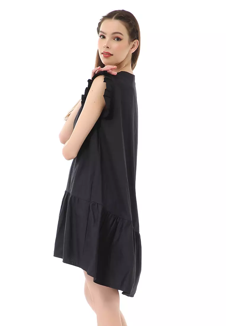 Rachel Mini Dress Ruffle Wanita Lengan Pendek Motif Polos Material Cotton ORIGINAL - Black